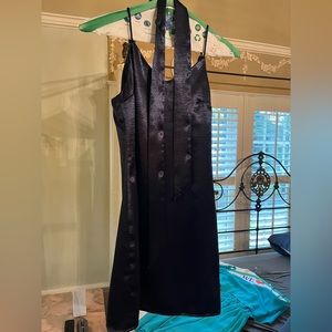 L’ATISTE Navy Satin Slip Dress with Choker